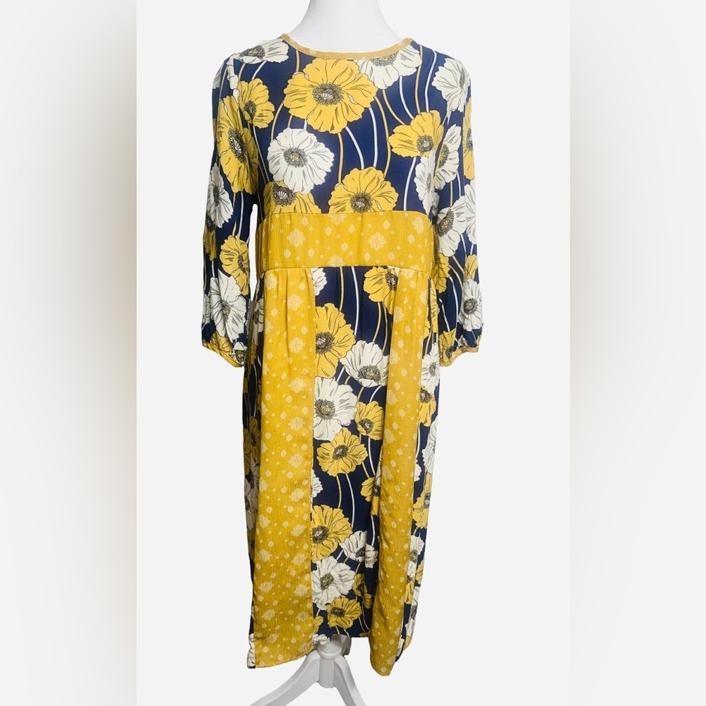 Butter Yellow Blue Floral Midi Sun‎ Dress Med Y2K Coastal Cowgirl Boho Cottage
